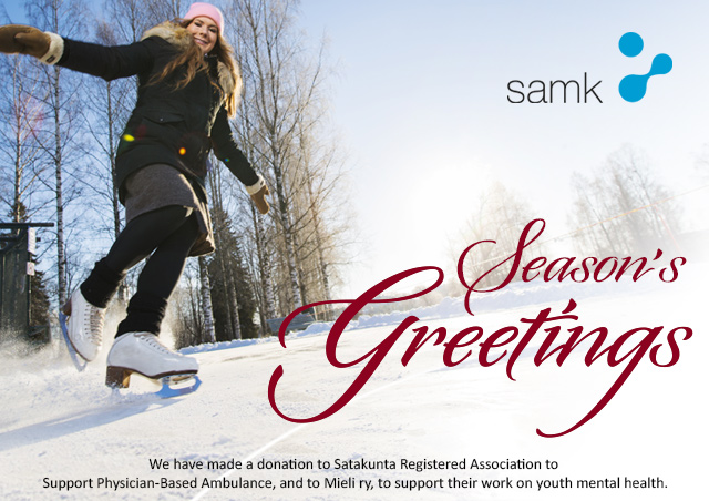 SAMK Joulutervehdys EN Season's Greetings wit a woman iceskating.