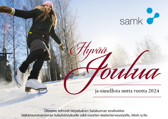SAMK Joulutervehdys FIN Joulutehvehdyksessä nainen luistelee aurinkoisessa säässä.