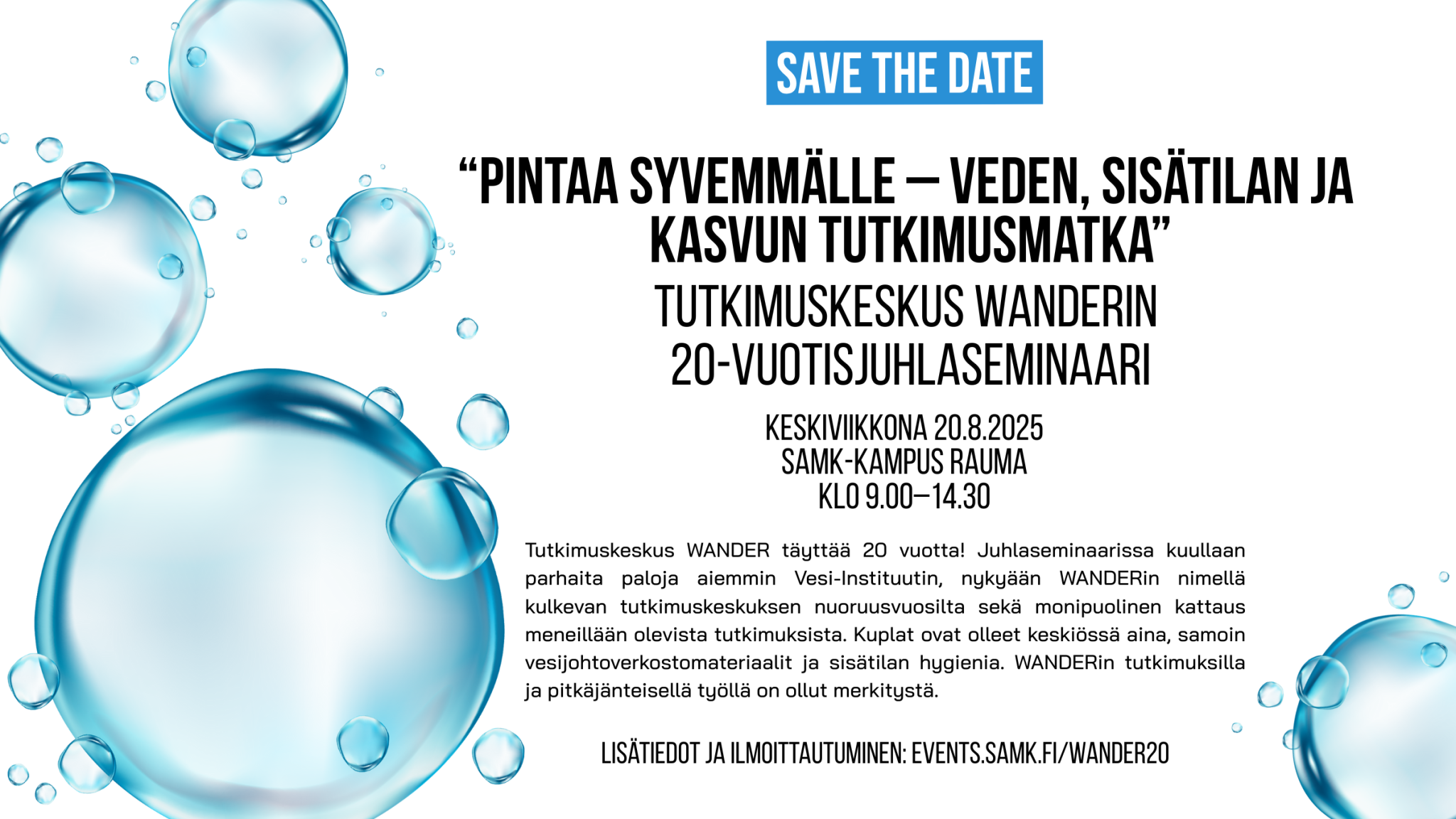 Tutkimuskeskus WANDERin juhlaseminaarin mainos, jossa vesikuplia.