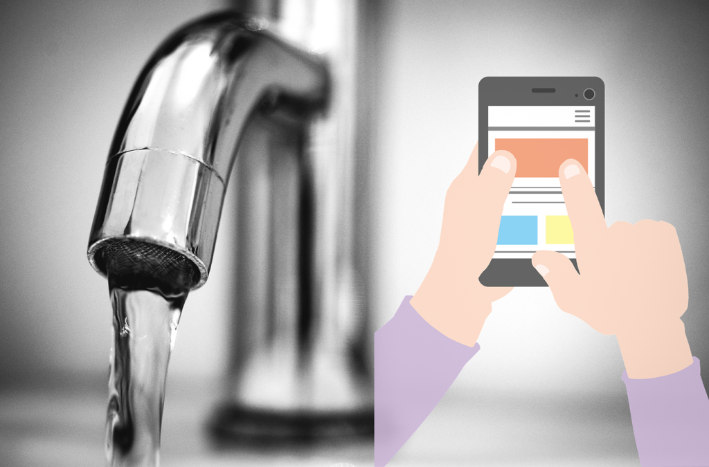 The picture shows a dripping tap and hands using a mobile phone.