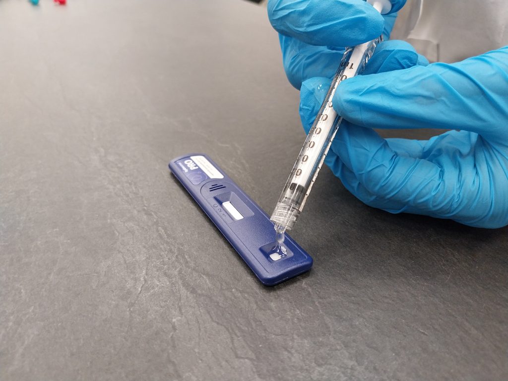 Liquid is dispensed from a syringe onto a blue rapid test while wearing a rubber glove.