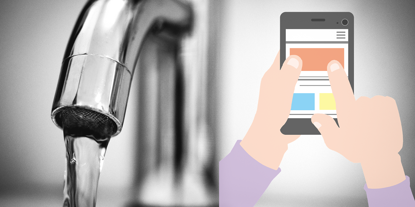 The picture shows a dripping tap and hands using a mobile phone.